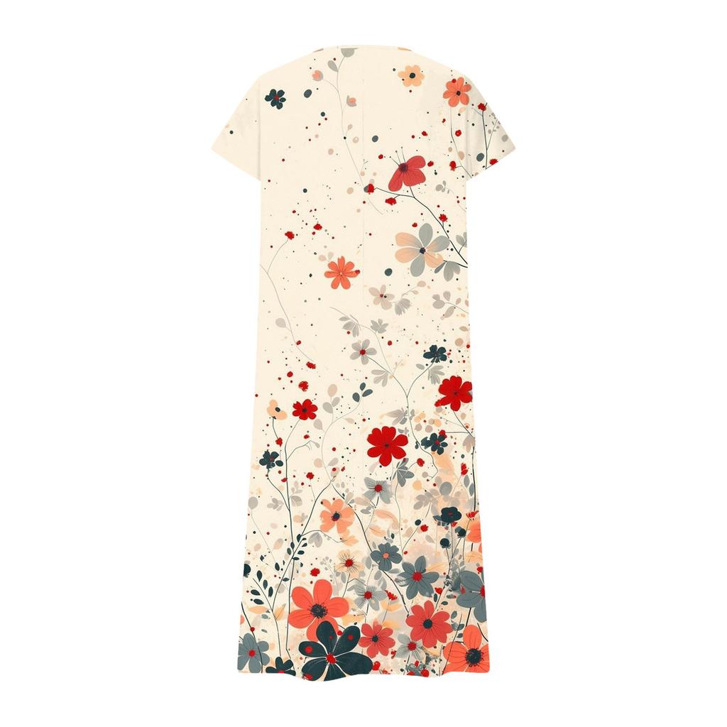 Fashion Women's Summer V-Neck Short Sleeve Floral Print Beach Dress