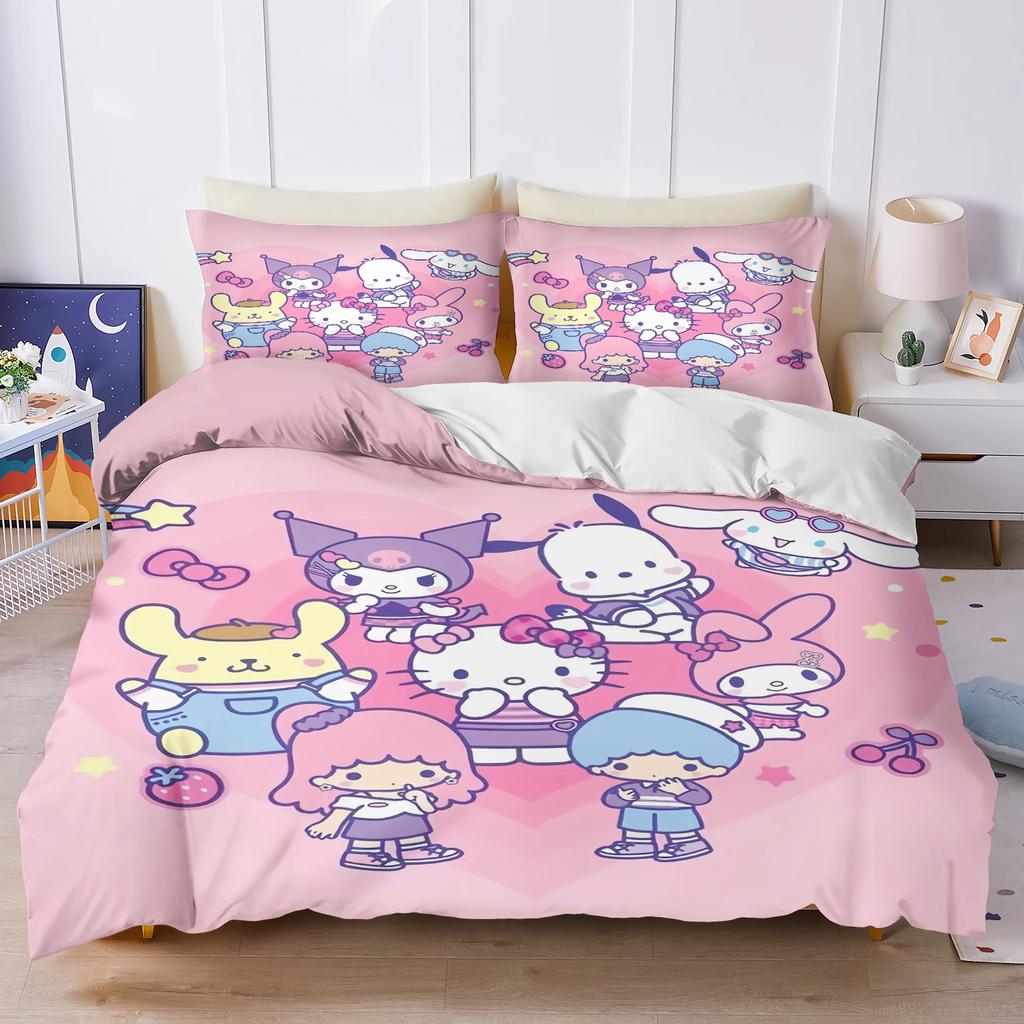 Sanrio My Melody Kuromi Pochacco Anime Bettbezug-Set Comforte Bedruckte Cartoon-Bettwäsche-Sets für Doppelbetten Weihnachtsgeschenke 3-teilig