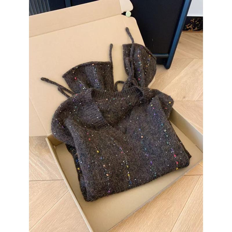 

Premium sense color dot pullover neck sweater women s autumn and winter loose lazy wind soft waxy knitted sweater strap top one size fits all темно-коричневого кольору