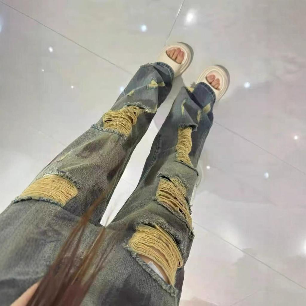 Broken Hole Big Yard High Street Denim Jeans Women Summer High-Waisted Loose Slim Drag Floor Wide-Leg Pants Retro Street Style Baggy Jeans for Ladies