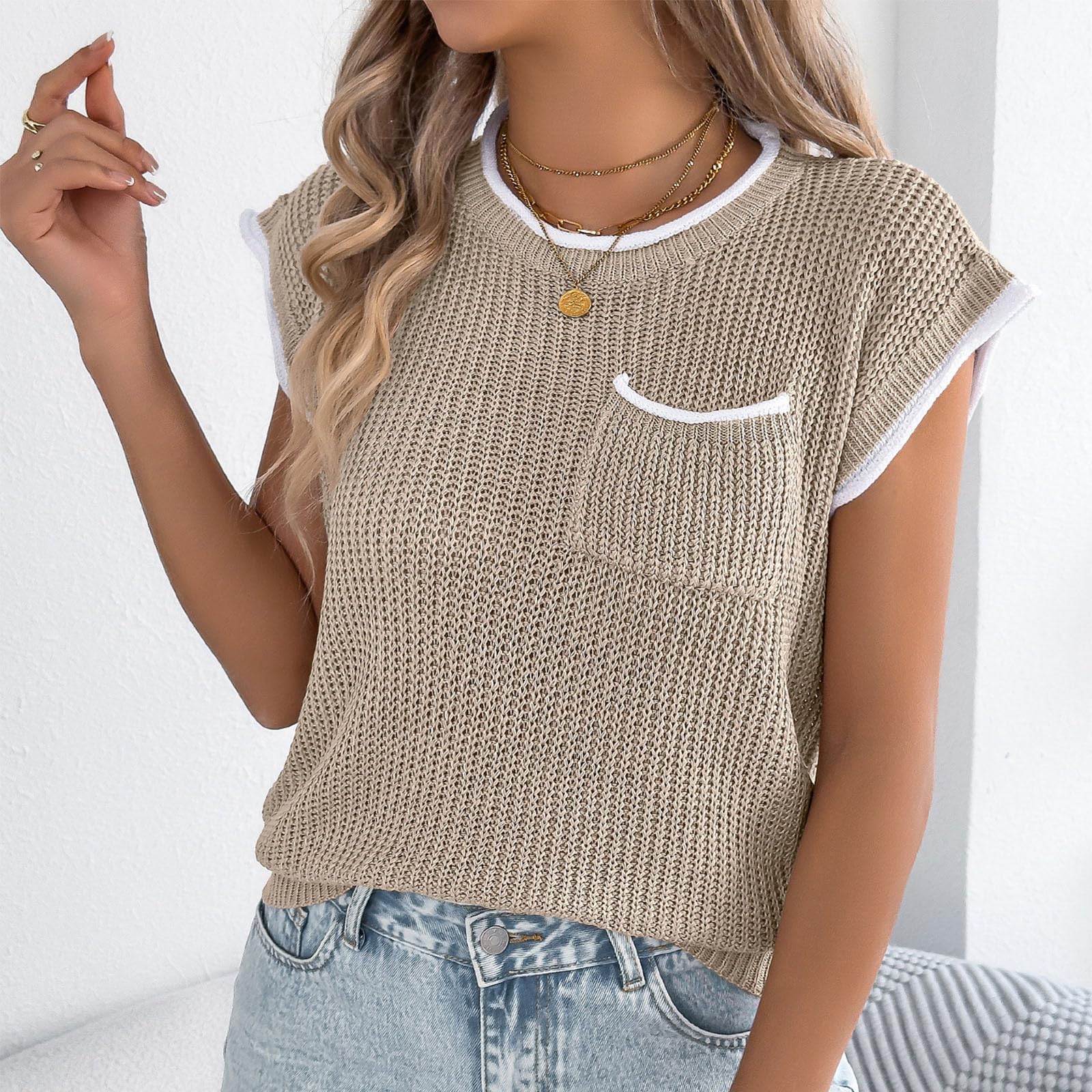 

Women s Fashion Color-blocked Pocket Batwinged Sleeve Casual Loose Knitted Top XL хакі