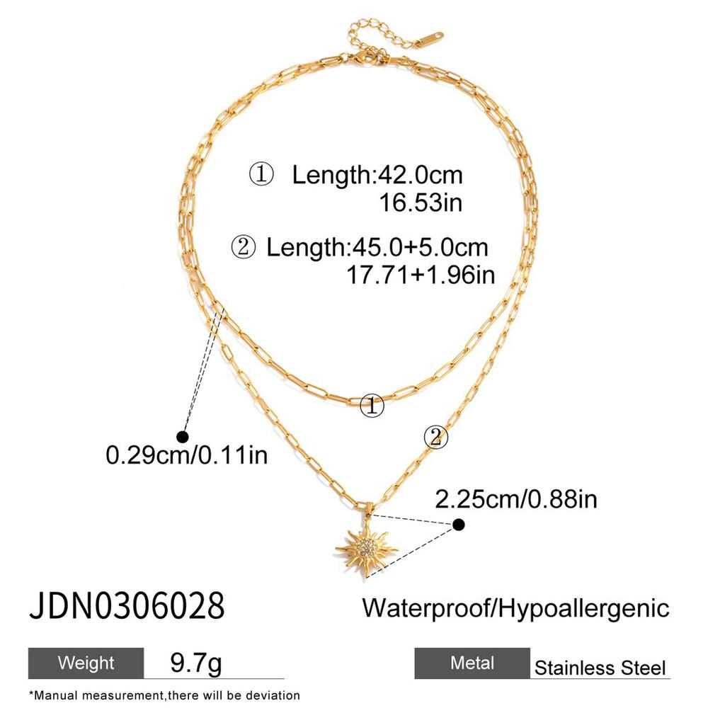 Youthway Double - Layer Necklace With White Rhinestone Sun Pendant Stainless Steel With  Gold Color Women'S Summer Necklace