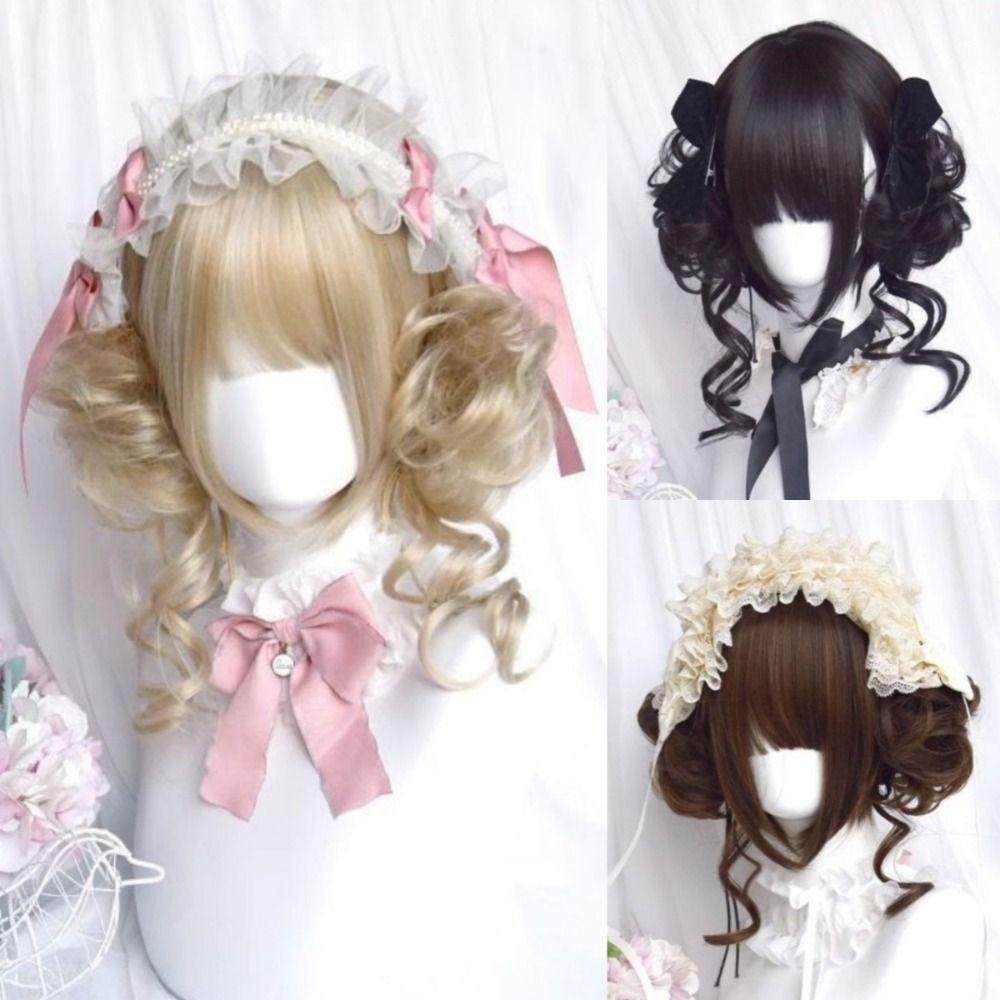Synthetic Short Curly Double Ponytail Bun Cosplay Halloween Harajuku Wig Girl