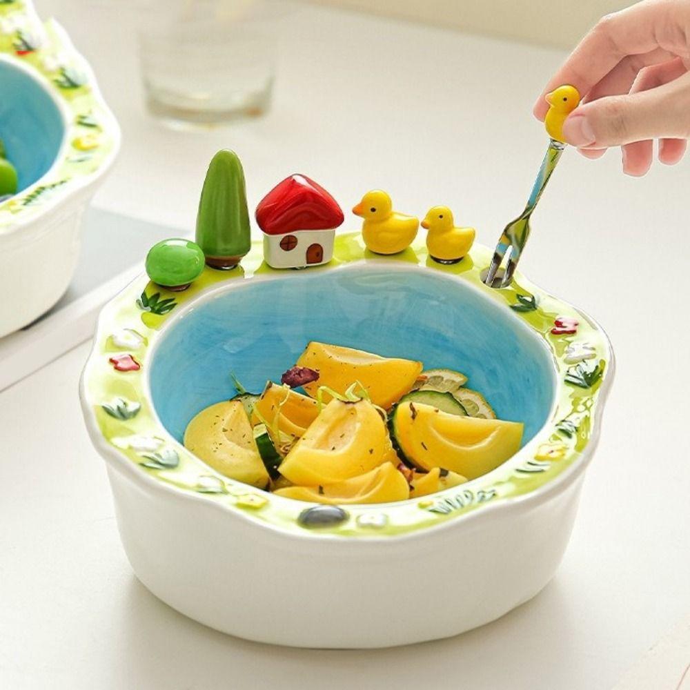 Little Duck House Shape Fruit Bowl with Fork Cartoon Snack Plate Creative Salad Plate Living Room