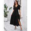 Summer Women's Dress Temperament Solid Color V-neck Short-sleeved Long Dress