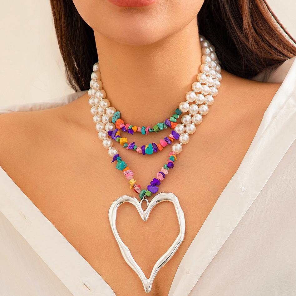 Ingemark Elegant Big Love Heart Pendant Choker Necklace for Women Multilayer Imitation Pearl Chain Grunge Jewelry Steampunk Gift