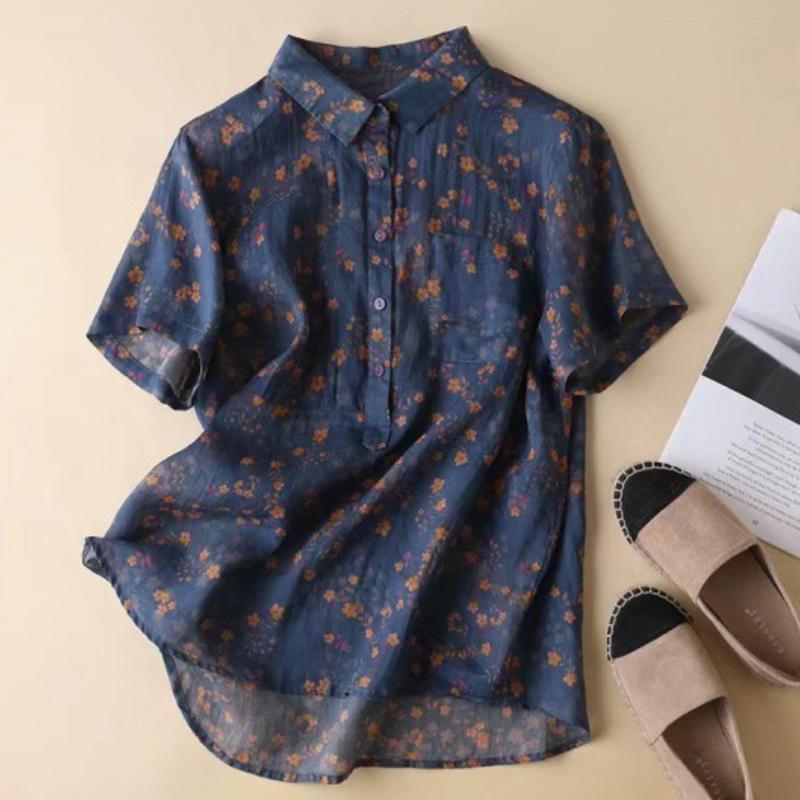 Summer Slim Stand Up Collar Cotton Linen Top for Women Blouse Floral Short Sleeve Flip Collar Artistic Shirt