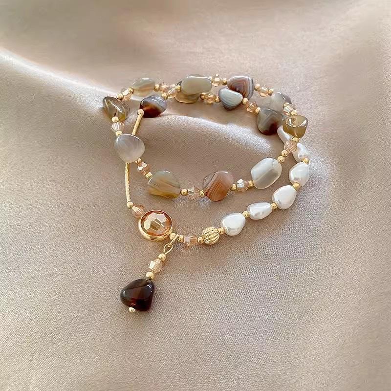 

Fashion Double-Layer Crystal Pearl Beaded Bracelet For Women Vintage Ethnic Stacking Bracelets Bangle Hand Zircon Gifts
