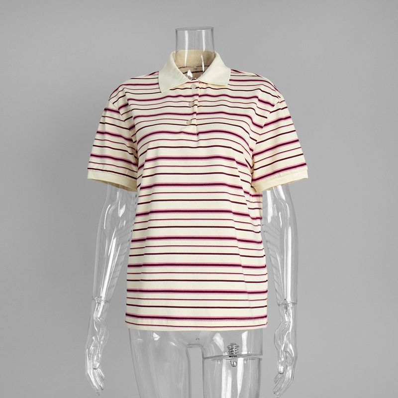 Western Style Fashion Casual Loose Stripe Short T-shirt Polo Shirt Fashion Striped Polo Shirt