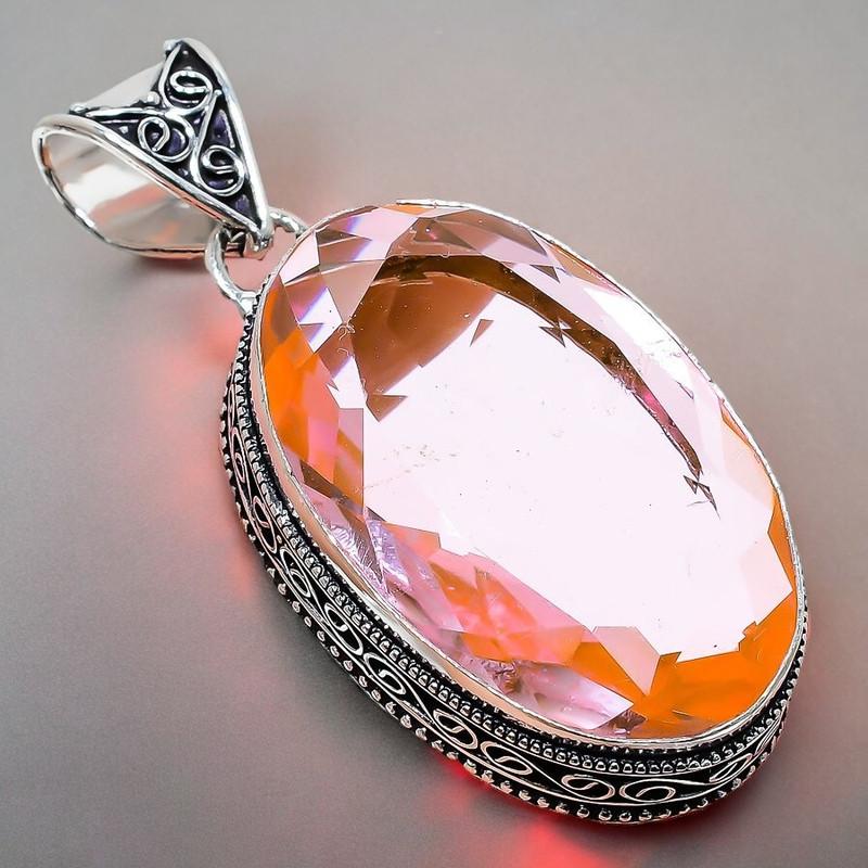 Morganite Gemstone Handmade 925 Sterling Silver Jewelry Pendant 2.17" AH-841