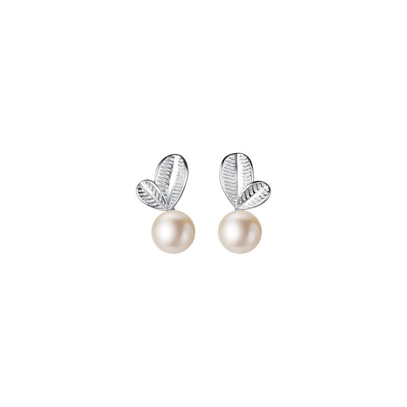 Sterling Silver Pearl Leaf Stud Earrings for Women