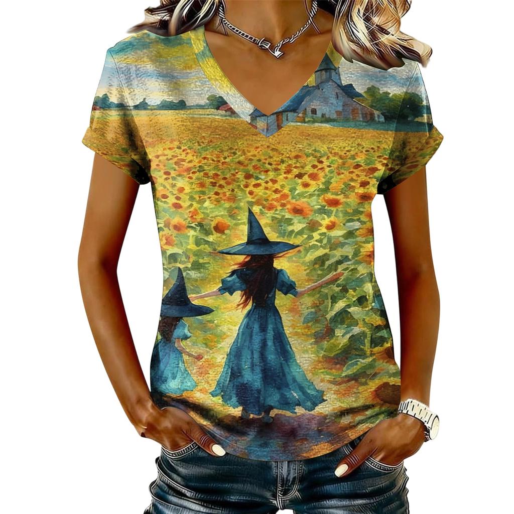 Women's V-Neck Short Sleeve Halloween Print T-Shirt Casual Pullover Top