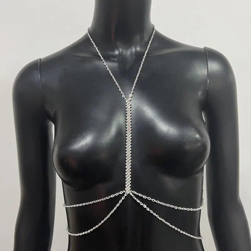 Sexy Rhinestone Chains Chest Chain Harness Waist Chain Breast Belly Body Jewelry Necklace For Women Party Clothing Accessories