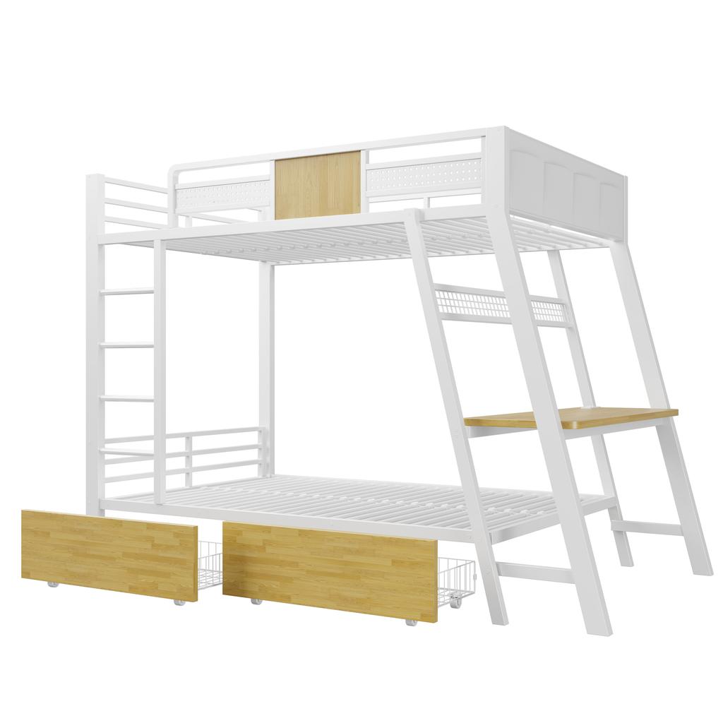 Metal Bunk Bed 90×200cm, Integrated Gaming Desk with Sockets, USB and Type-C Ports, with LED Light Strip, Two Storage Baskets, Youth Play Bed, White