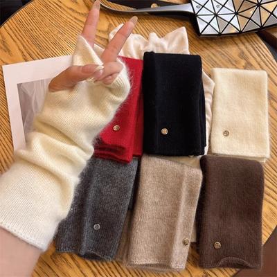 Wool Containing Solid Color Versatile Knitted Long Pile Sleeve Women's Warm Arm Protection with Exposed Fingers for Autumn and Winter