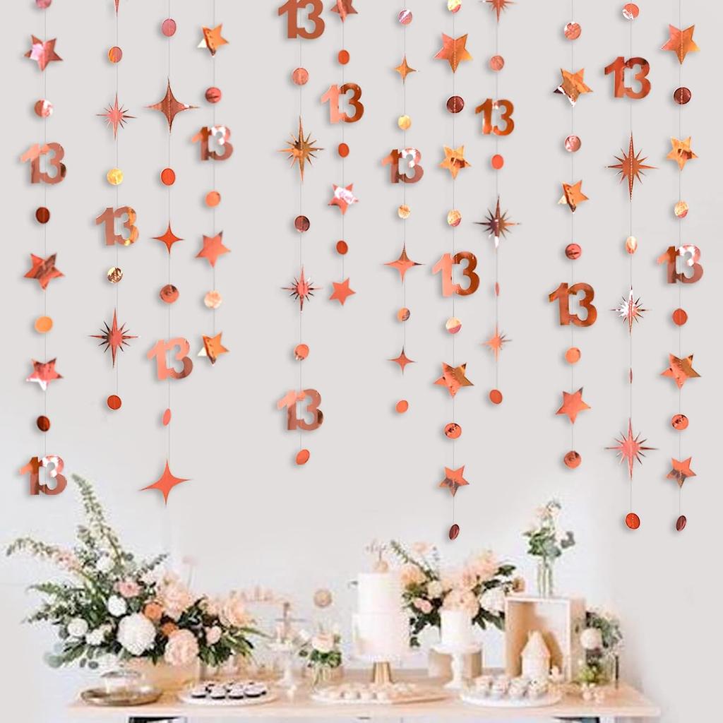 Rose Gold 13th Birthday Decorations Number 13 Circle Dot Twinkle Star Garland Metallic Hanging Streamer Bunting Banner Backdrop for Girls 13 Year Old