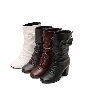 Women's High-heeled Boots Autumn and Winter New Thick-heeled Solid-color Large-size Medium Boots