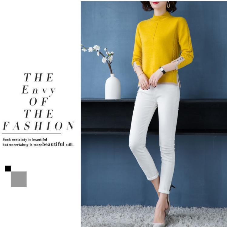 Fall/Winter Women's Semi-Turtleneck Sweater Thickened Loose Pullover Knitwear Split Stretch Knit Jumper