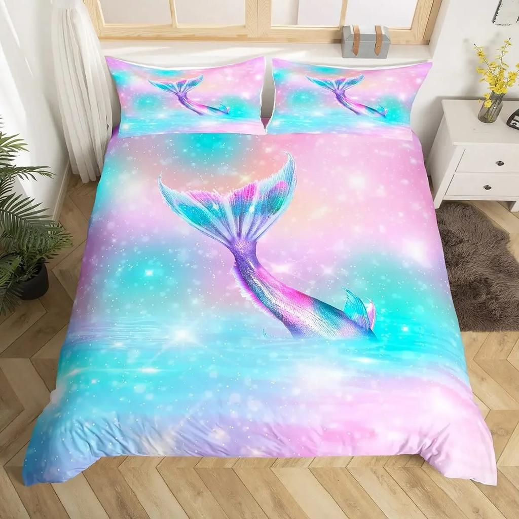 Copripiumino Coda di Sirena Misura KingQueen, Coda di Pesce Stella Marina Conchiglia Tema Animale Marino Poliestere Copripiumino per Bambini Ragazze