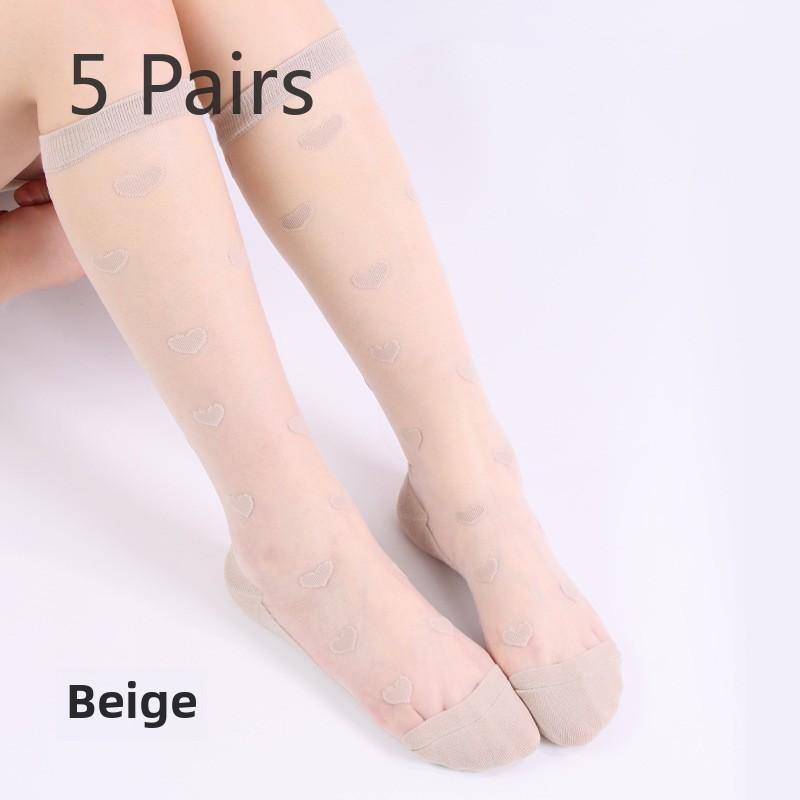 5 Pairs Women's Spring and Summer Stockings In The Tube Love Jacquard Transparent Stockings Glass Silk Stockings for Women