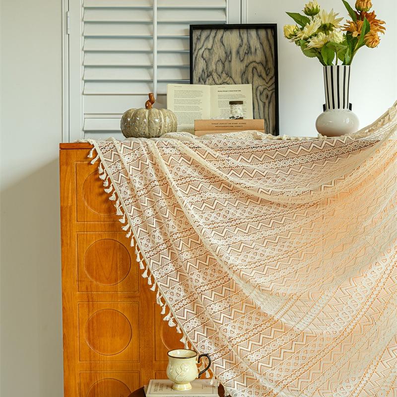 French Translucent Curtains Bohemian Style Hollow Lace Fabric Four Season Universal Living Room Decoration Drapes Vintage Tassel Fabric Curtain