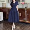 ZANZEA Women Casual V-Neck Polka Dot Print Short Sleeve Dress