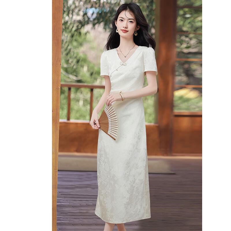 Women's Elegant New Chinese Style V-Neck Jacquard Midi Dress