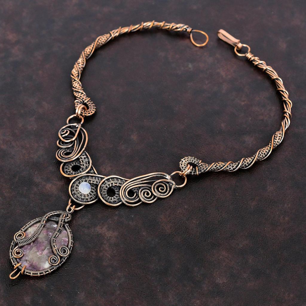 Collier Tourmaline Rose Collier Enveloppé de Fil de Cuivre Collier Pierre de Lune Arc-en-ciel Collier Pierre Précieuse Bijoux en Cuivre Faits Main Cadeau de Fiançailles