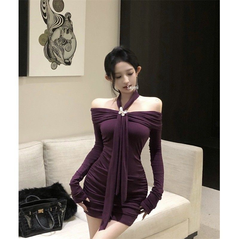Neck Purple Long-sleeved Dress Women's Autumn and Winter Pure Desire Sexy Hip-wrapped Mom Skirt One-word Shoulder Celebrity Inner Skirt