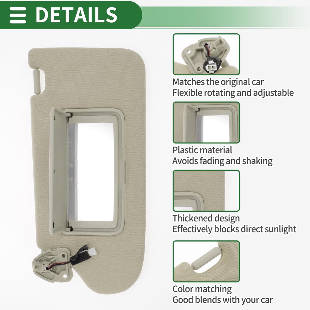 Motoforti Left Driver Side Car Sun Visor Assembly with Mirror and Light, Gray, Plastic, for Nissan Maxima 2016-2021