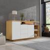 (=316176177ZAA)Multifunktionales Sideboard, Länge 140 cm, Weiß und Holzoptik - 2 Türen, 3 Schubladen, 2 offene Fächer, mit LED-Beleuchtung