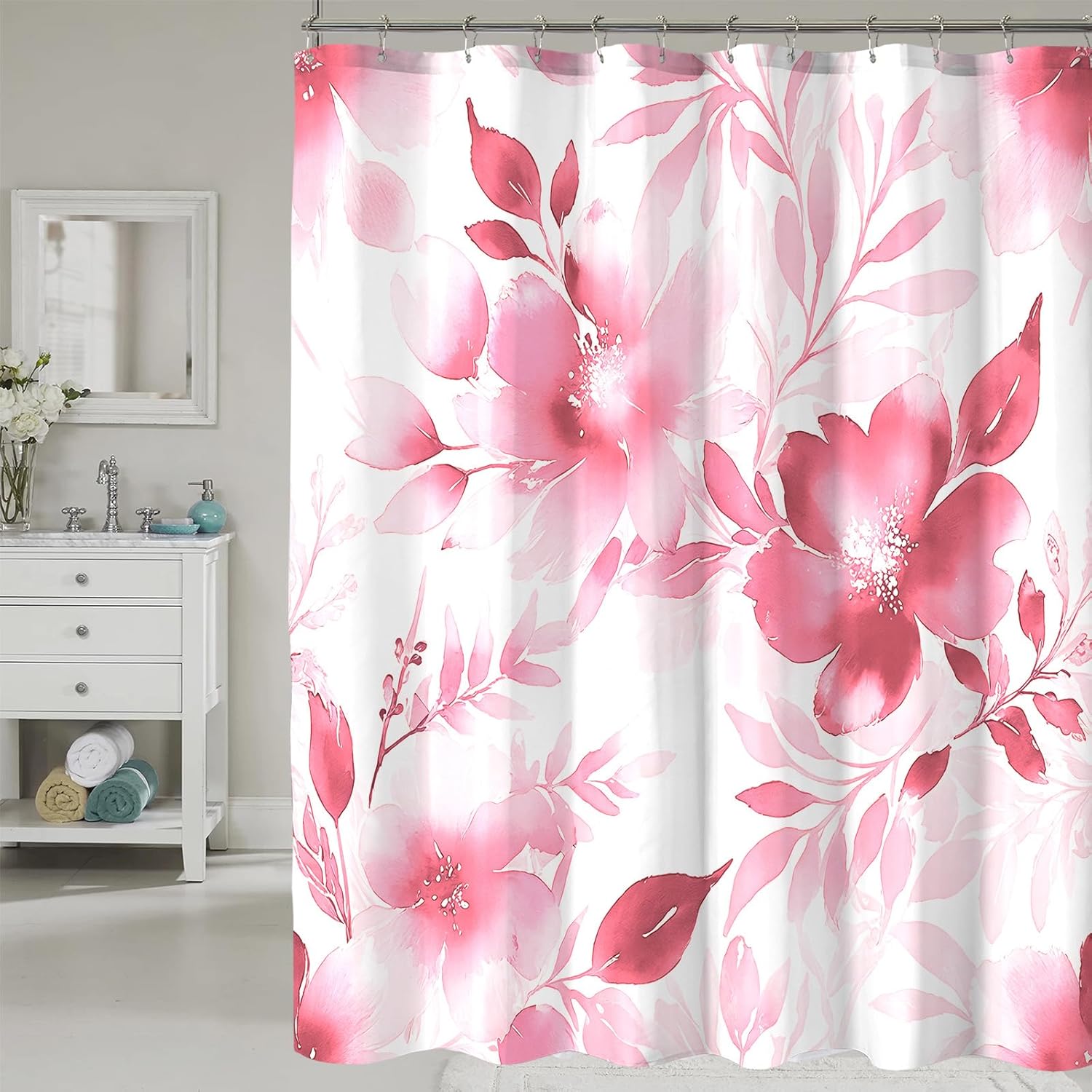 

Floral Shower Curtain, Red Watercolor Flower Shower Curtains For Bathroom, Modern Minimalist Waterproof Fabric Bath Decoration W60H190(CM)-1 Pcs