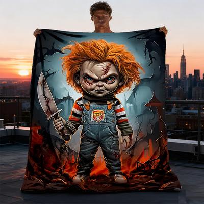 1pc Chucky Doll Outdoor Blanket Lightweight Flannel Throw For Travel, Camping, Livingroom, Couch, Chair Soft