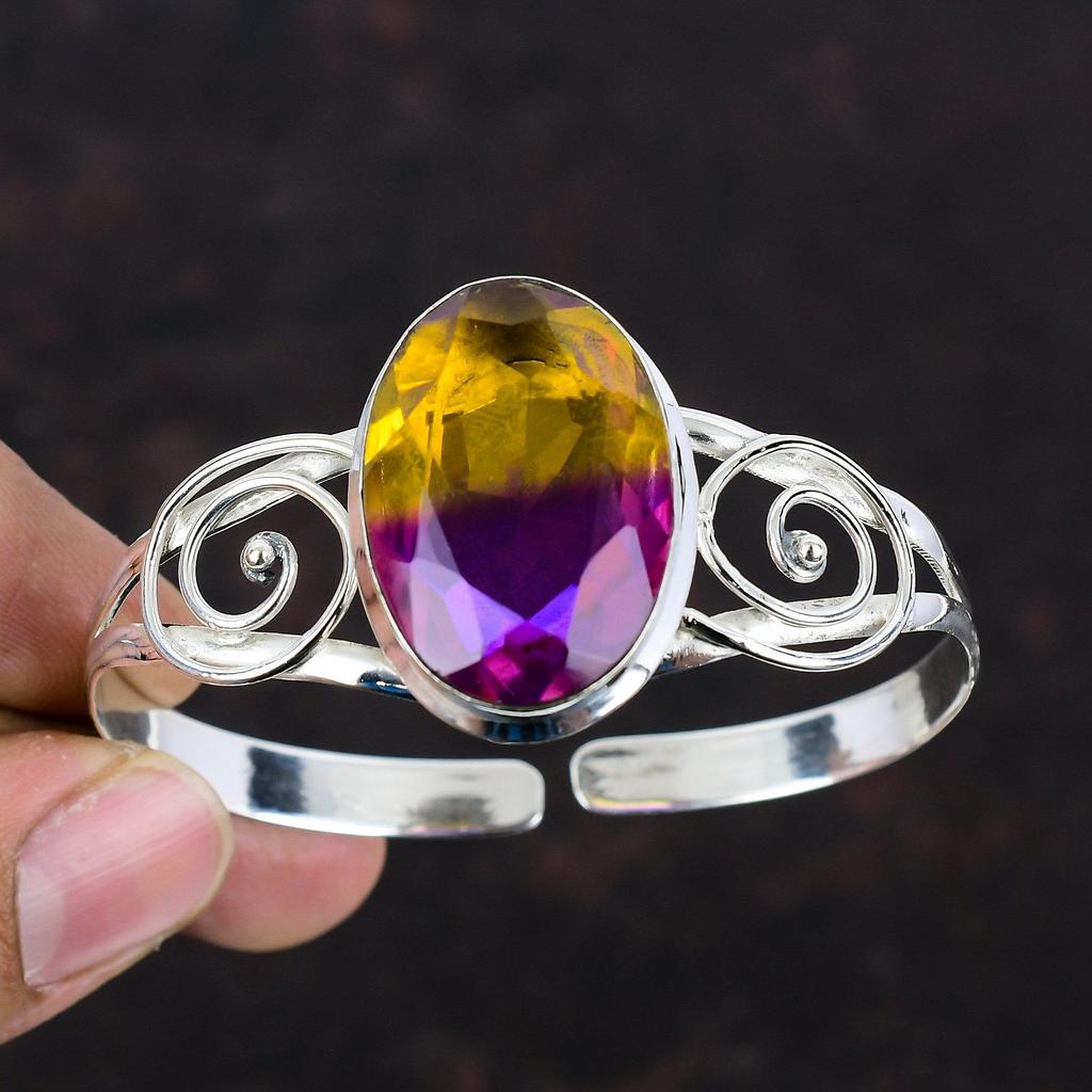 Faceted Ametrine Cuff Bracelet Gemstone Jewelry Adjustable Cuff Bracelet 925 Sterling Silver Bangle Handmade Bangle Antique Jewelry For Gift