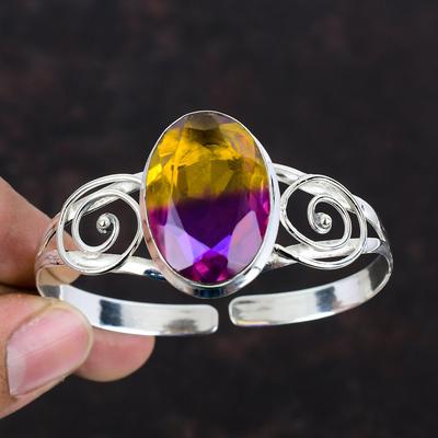 Pulsera de Puño de Amatrina Facetada Joyería de Piedras Preciosas Pulsera de Puño Ajustable Pulsera de Aro de Plata de Ley 925 Pulsera Hecha a Mano Joyería Antigua Para Regalo
