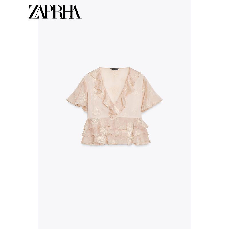 Zaprha 2025 New Arrival French Age-Reducing Laminated Decoration V Neck Short Sleeve Embroider Tops Shirt for Women 3105872