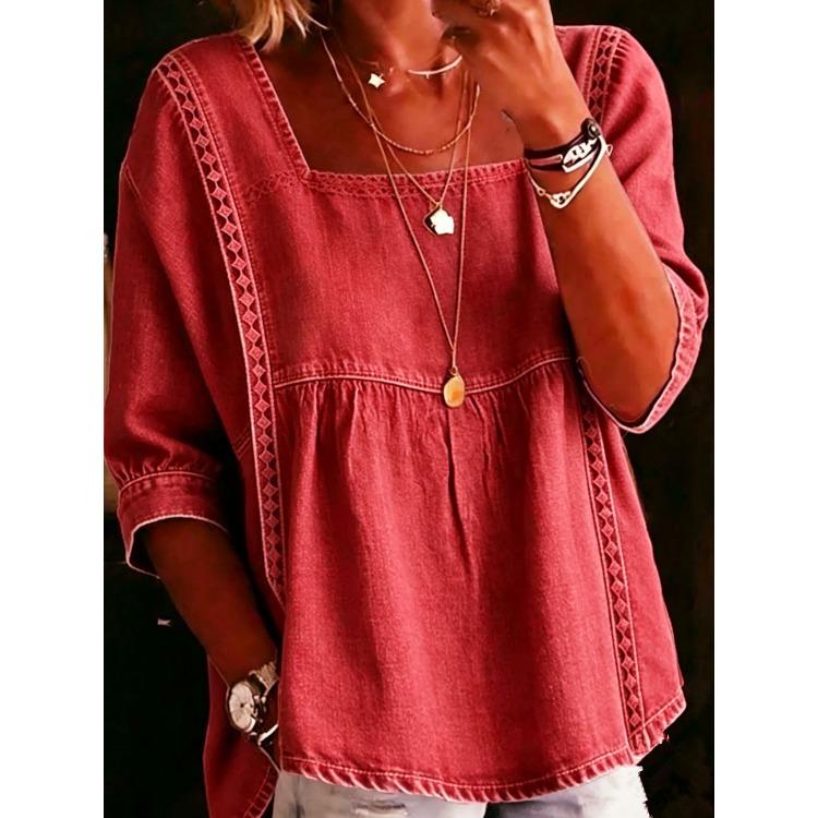 Women Denim Shirt Square Neck 3/4 Sleeve Blue Casual Top