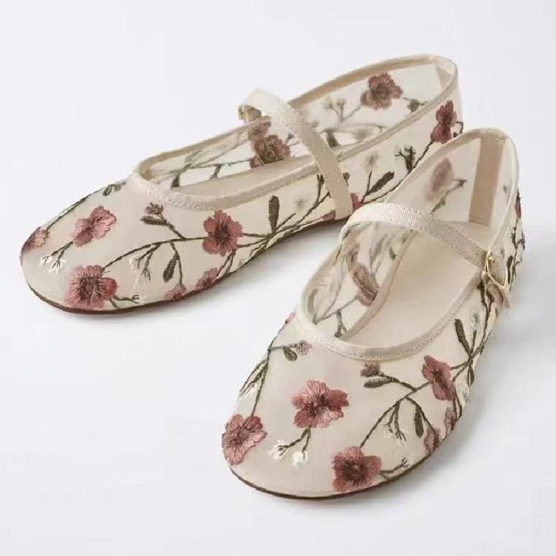 

Mesh Ballet Flats Women Fashion Embroidered Flower Elegant Dress Shoes Summer Breathable Mary Jane Shoes Sandals 41 бежевий