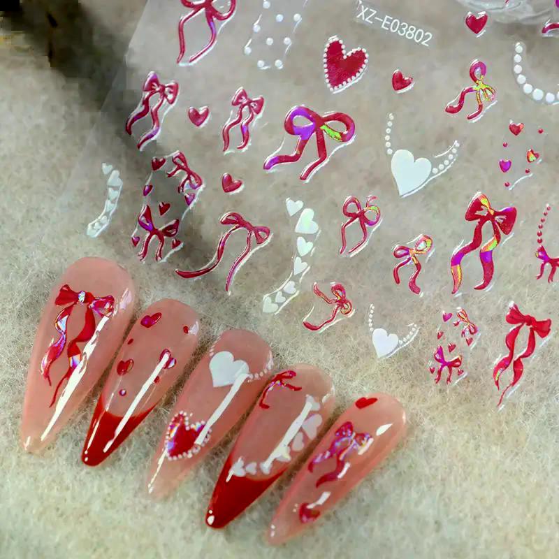 Aurora French Ribbon Heart Nail Stickers Pearl Love Chain Adhesive Nail Decals Valentine's Day Bows Manicure Sticker