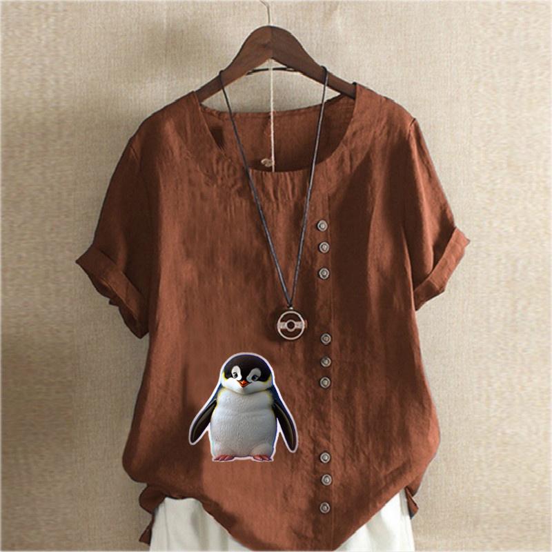 Women's Fashion Penguin Prined Round Neck Short Sleeve T-shirt Casual Cotton Linen Graphic Shirt Leisure Loose Summer Blouse Tops