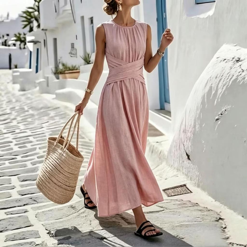 European and American women's sleeveless cross-waist pleated dress Tencel hemp blended minimalist dress