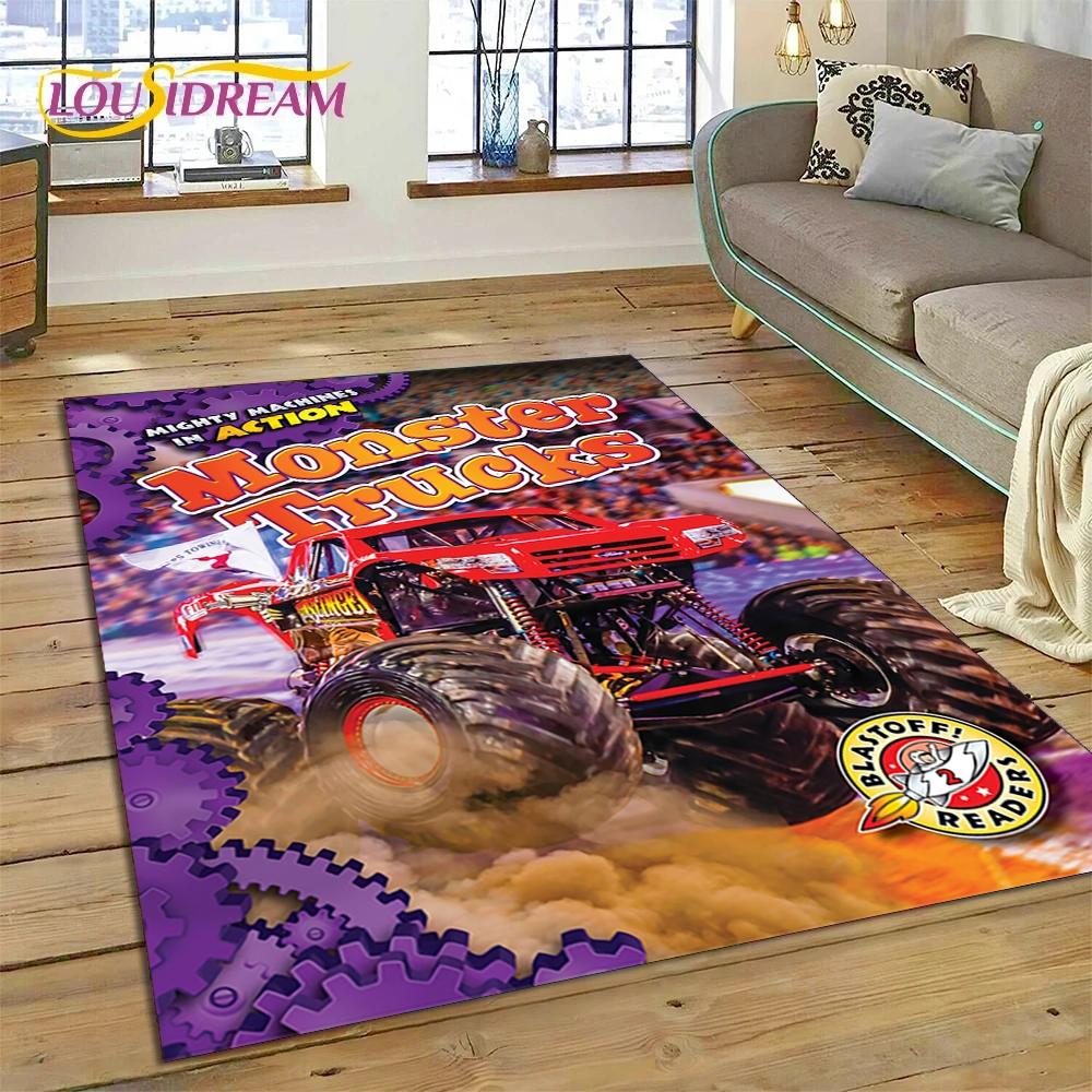 Monster Truck Monster Jam Cartoon Teppich für Wohnzimmer Schlafzimmer Heimdekoration, rutschfeste Bodendekoration für Sofa Fußmatte