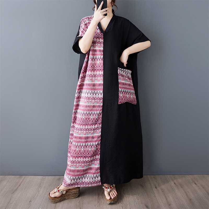 

Летнее хлопково-льняное платье с V-образным вырезом и короткими рукавами one size красный