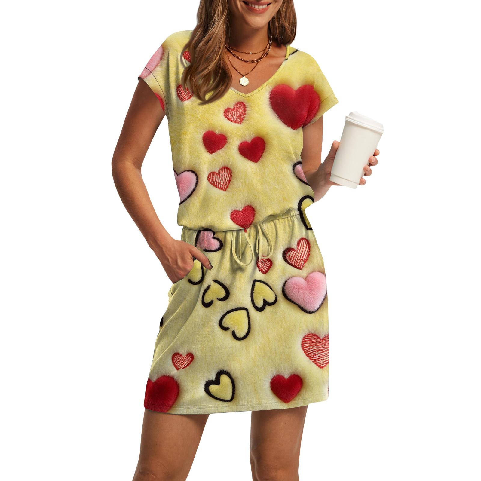 

Women s V-Neck Short-Sleeve Drawstring Pocket Valentine s Day Print Casual Dress XL жовтий