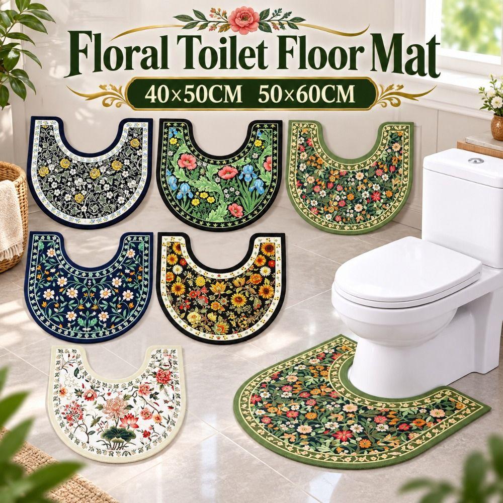 Floral Pattern Toilet U-shaped Mat Absorbent Bath Mat Practical Bathroom Floor Rug Household