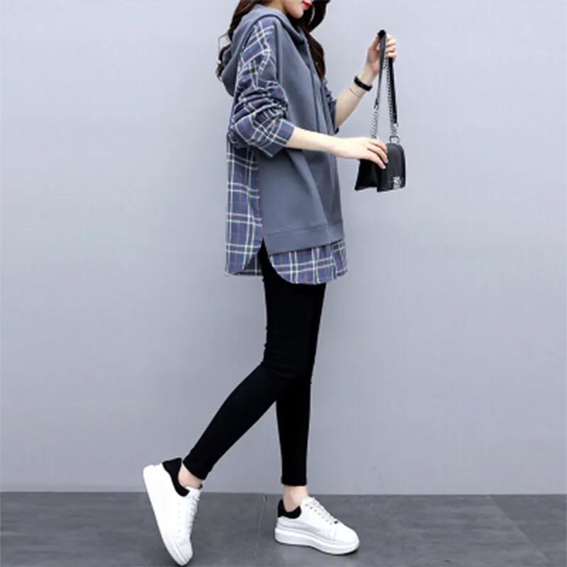 Spring Autumn Women's Loose Hooded Sweatshirt Long-Sleeve Fake Two-Piece Top