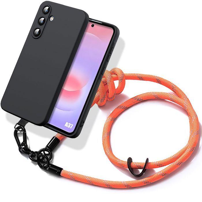 Hülle für Samsung Galaxy A37 5G, Schwarzer stoßfester Silikonschutz mit orangefarbenem Umhängeband
