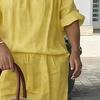 Summer Cotton Linen 2 Piece Outfits for Women Casual Short Sleeve Drawstring Crew Neck Top And Wide-Leg Pants Lounge Matching Set