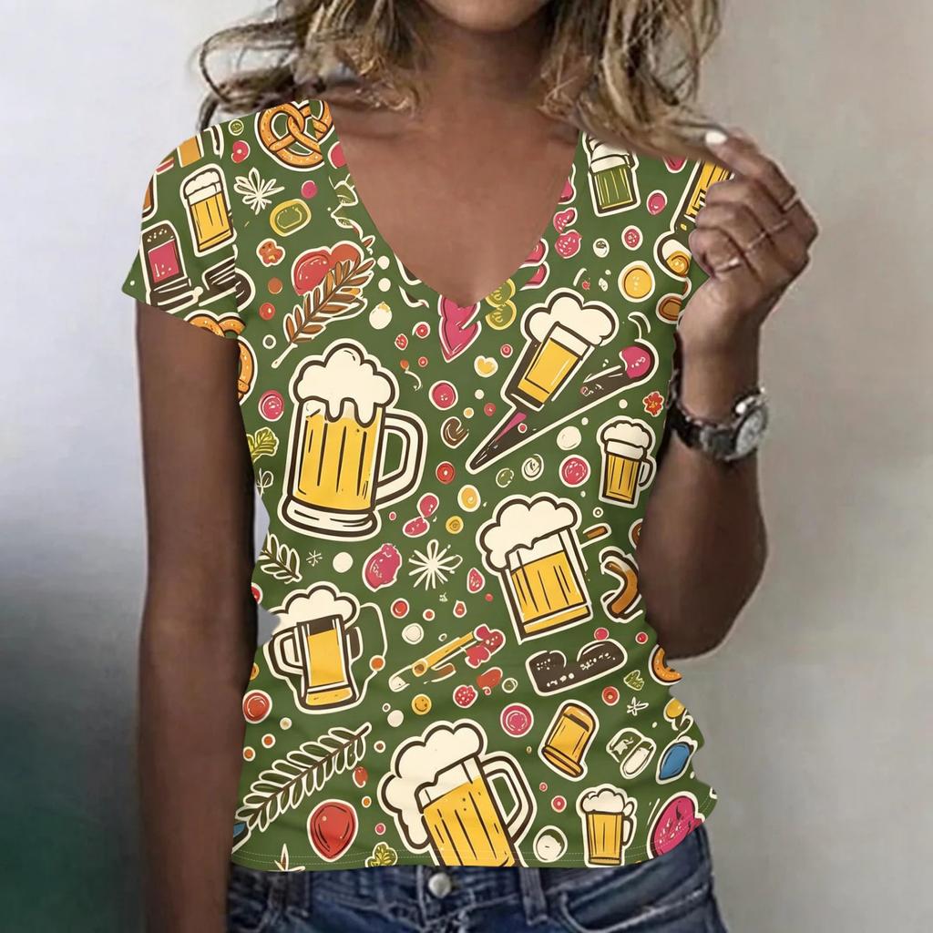 Women's Casual V Neck Short Sleeve T Shirt Oktoberfest Print Top Lightweight Comfortable Summer Tee
