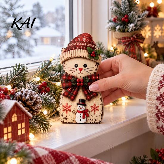 Wooden Desktop Decorations 3Pcs Christmas Cat Tabletop Decor, Rustic 2D Figurines with Xmas Reusable Holiday Crafts Hat, Santa & Gingerbread Patterns
